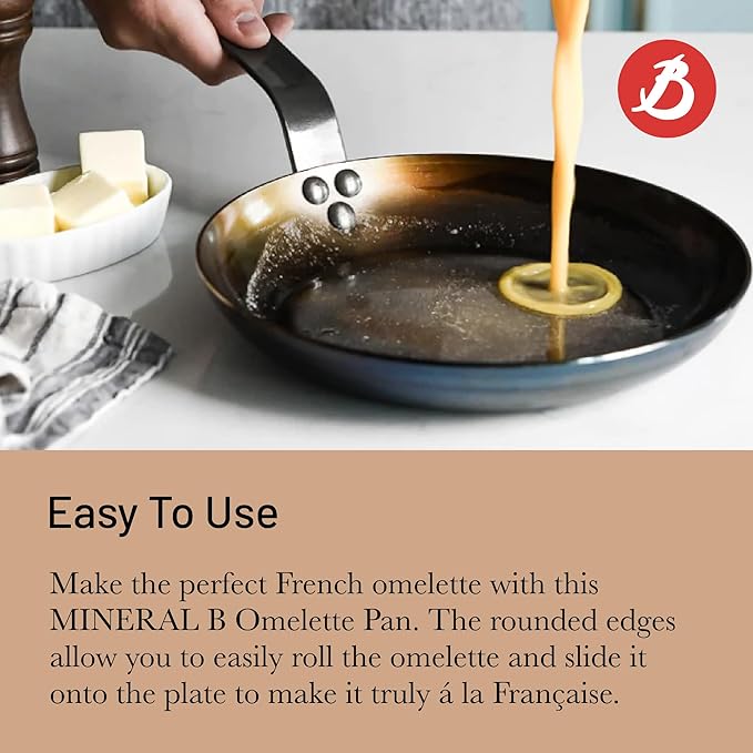 De Buyer MINERAL B Carbon Steel Omelette Pan - 11” Diameter, 8.3” Cooking Surface - PFAS, PFOA & PFOS Free - Made in France