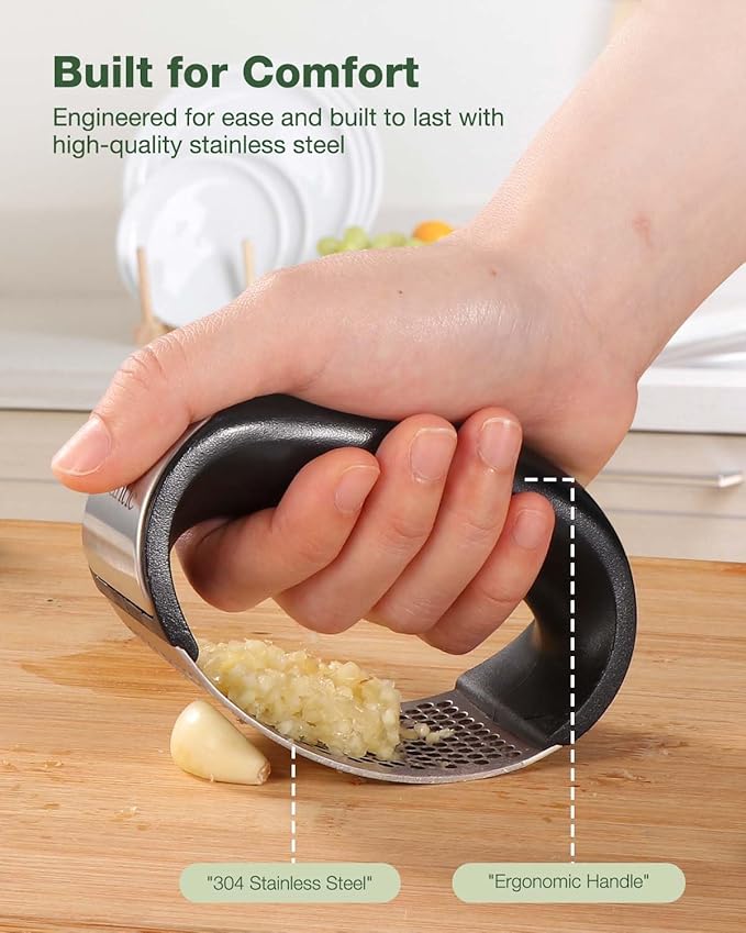 Vantic Garlic Press Rocker - Stainless Steel Garlic Crusher, Mincer and Chopper with Peeler & Scraper, Easy Kitchen Gadget for Effortless Smashing