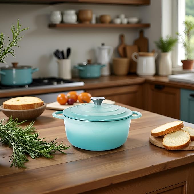 Trustmade 3 QT Cast Iron Dutch Oven, Enamel Coated Cookware Pot with Self Basting Lid for Home Baking, Braiser, Cooking, Aqua
