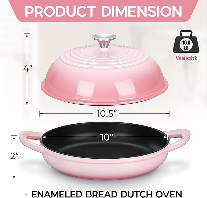 E-far Dutch Oven for Sourdough Bread Baking, 6 Qt Round Enameled Cast Iron Dutch Oven for Homemade Artisan Bread, Dome Lid & Shallow Base, Matte Black Interior & Durable, Oven-Safe to 500℉, Pink