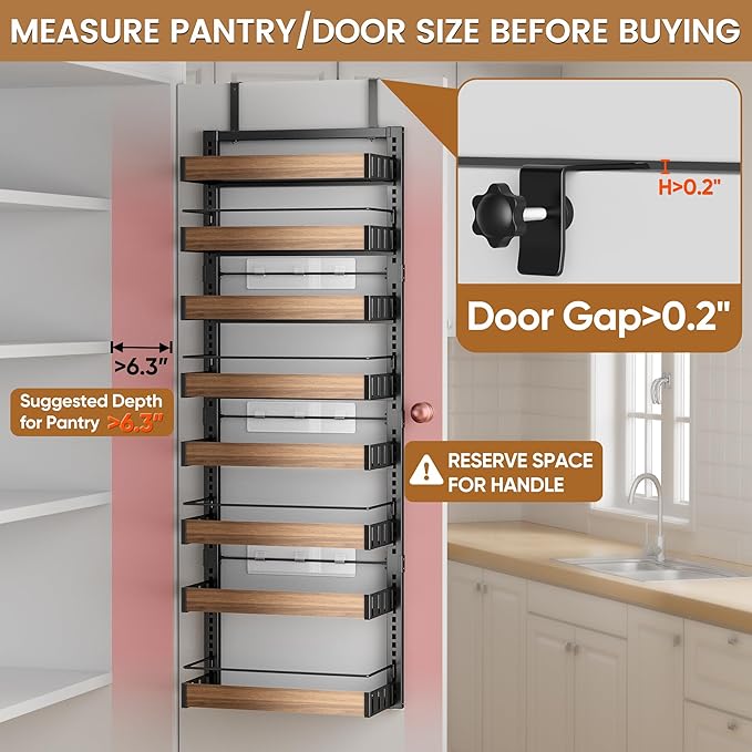 8 Tier Over The Door Pantry Organizer, 2 IN 1 Wall Mount or Hanging Spice Rack Seasoning Shelves with Adjustable Basket, Back of Door Organizer and Storage for Kitchen Cabinet and Room Closet