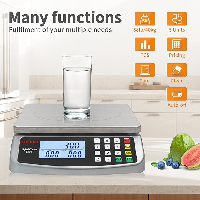 Food Scale 88lb/40kg Large Digital Kitchen Scale 0.05oz/1g with Price Computing Commercial Scale 304 Stainless Steel gram Scale for Baking Cooking Meat Restaurant ，USB or AA Battery(Included)