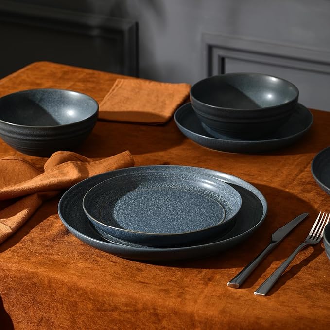 Stone Lain Elio 12-Piece Dinnerware Set Stoneware, Plates and Bowls Set, Dish Set for 4, Blue