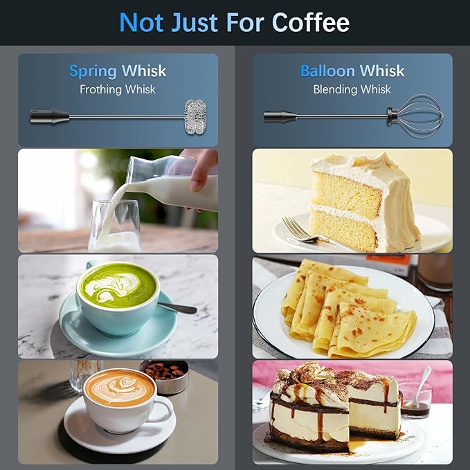 Rechargeable Milk Frother with Stand, Electric Frother Wand Handheld Coffee Foam Maker Detachable Stainless Steel Whisk Drink Mixer Foamer for Latte, Cappuccino, Hot Chocolate, Egg (Black)