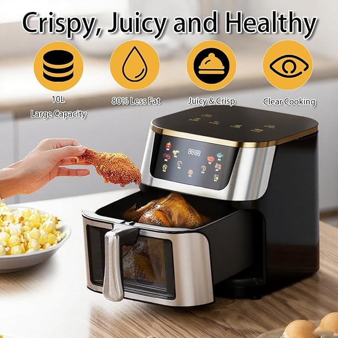 AK Air Fryer 10L Large Capacity Digital Touchscreen – Family Size Oil-Free Hot Air Fryer with 1400W Power, 360° Surround Heating, Healthy Low-Fat Cooking Appliance, ABS+PP+Stainless Steel Body