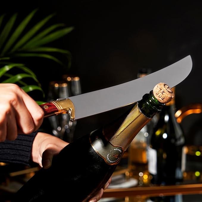 Viski Champagne Saber Sword in Wooden Box, Curved Stainless Steel Blade and Wood Handle, Elegant Home Bar Tool for Celebrations, Weddings, Parties, and Housewarming Gifts, Set of 1