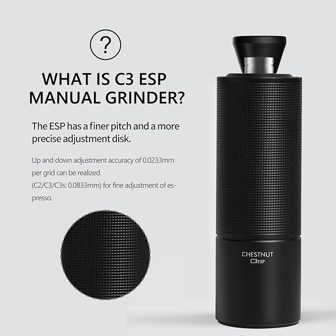 TIMEMORE Chestnut C3 ESP Manual Coffee Grinder, Stainless Steel S2C Portable Conical Burr Hand Coffee Grinder, Adjustable Grind Setting for Espresso to French Press - Black