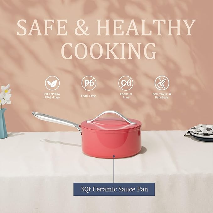 3.5QT Nonstick Ceramic Sauce Pan with Lid 8 Inch Ceramic Cookware Even Heat Distribution, Non Toxic PFAS-Free Healthy Cooking Pot for All Stovetops, Oven Safe Up To 500°F, Fusion Red