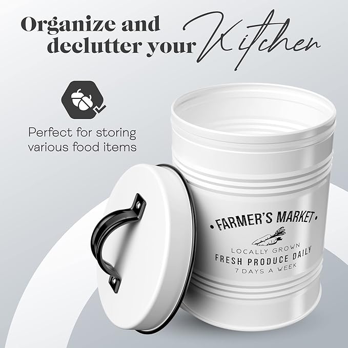 Amici Home Farmers Market Metal Canister | Dry Food Storage Container | Airtight Lid | 76 Ounce Capacity | Farmhouse Décor | Metal Canister for Kitchen Countertop
