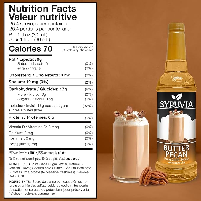 Syruvia Glazed Donut & Butter Pecan Coffee Syrup - 25.4 fl oz Premium Coffee Flavoring Syrup. No Coloring, Kosher, and Gluten-Free. Perfect for Drinks, Sodas, Shakes, Desserts, & More.
