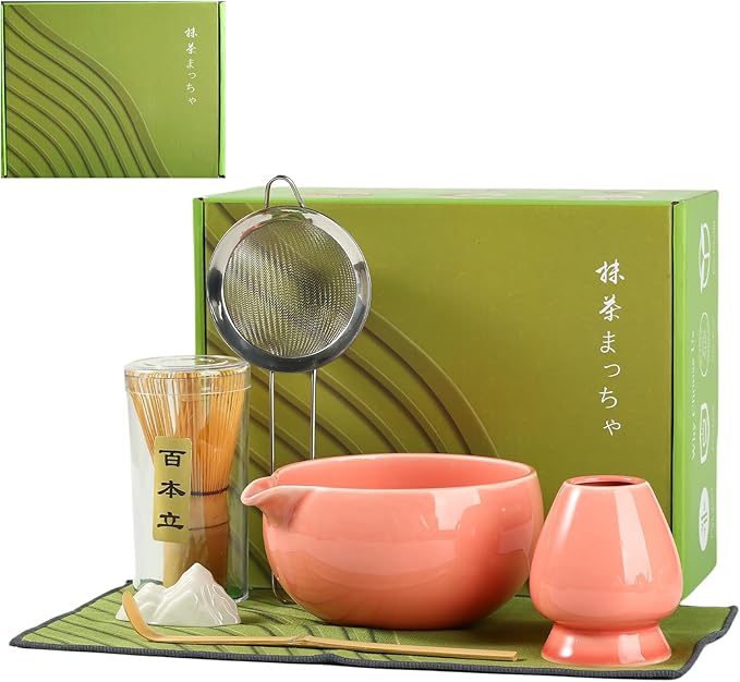 Matcha Whisk Set, Ceramic Matcha Set with Spout, Matcha Bowl Kit with Sifter, Whisk and Holder, Bamboo Scoop, Scoop Rest, Tea Towel, 7 Pcs Matcha Kit Set for Making Breakfast/Latte for Matcha Lovers