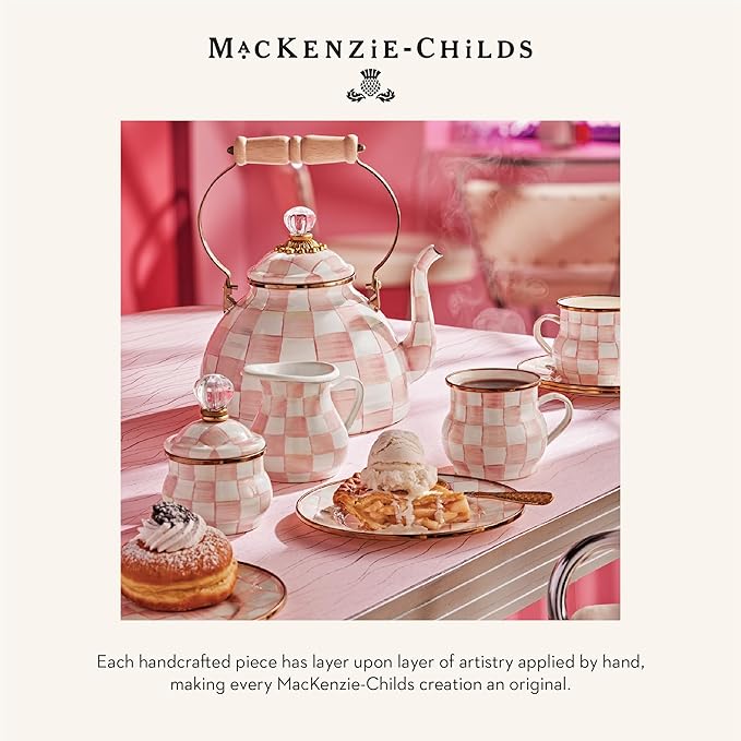 MACKENZIE-CHILDS Rosy Check Enamel Canister, Pink-and-White Kitchen Storage Container with Lid, Demi