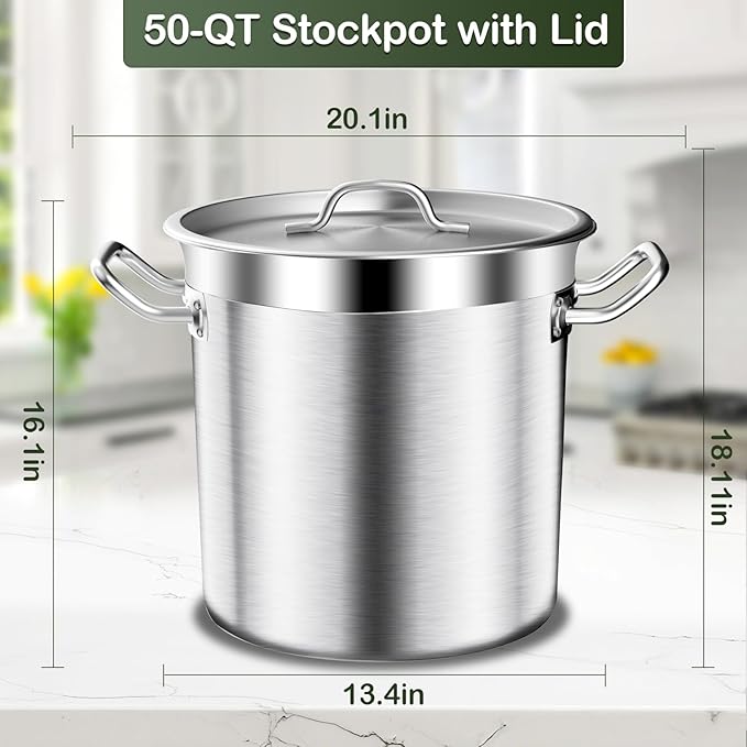 Stockpot, Large Stock Pot, 50 QT Stainless Steel Stockpot with Lid, Stock Pot with Lid – Heavy Duty Cooking Pot for Soup, Commercial Soup Pots, 3-Ply Induction Bottom, Oven Safe