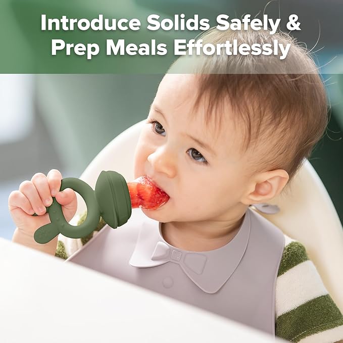 Haakaa Baby Fruit Food Feeder & Mini Freezer Nibble Tray Combo, Breastmilk Popsicle Molds for Baby Cooling Relief, BPA Free Silicone Feeder for Safe Infant Self Feeding, 4 Month+(Olive Green)