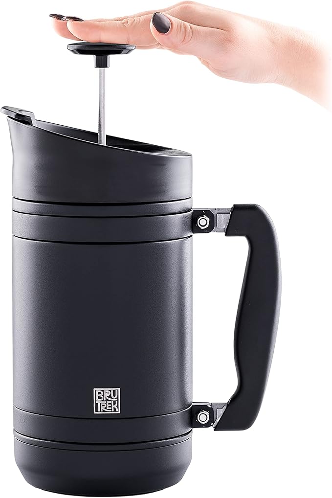 BruTrek BaseCamp Coffee Press - Double Wall Insulated Stainless Steel - Bru-Stop Technology, No Grounds in Coffee, No Spill Lid (Obsidian, 32 fl.oz)