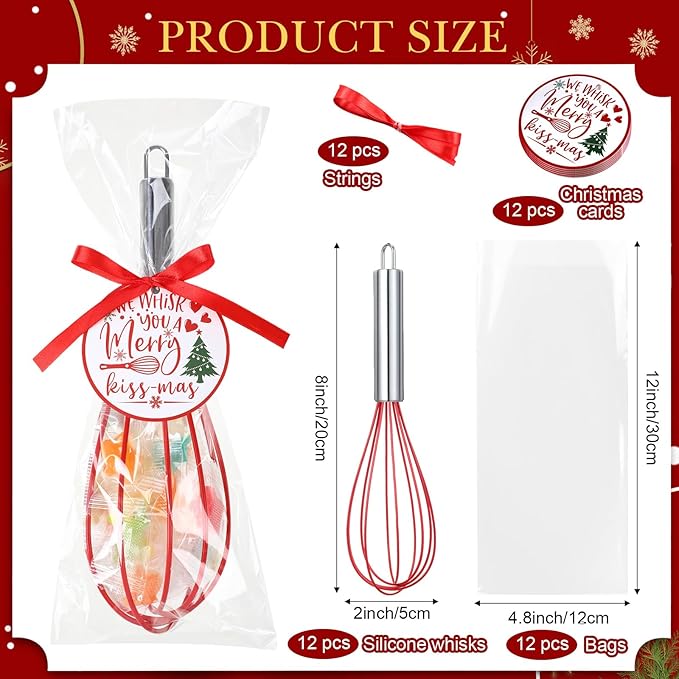 12 Sets 8 Inch Christmas Whisks Gifts DIY Fillable Christmas Tree Ornaments Xmas Colored Silicone Whisks for Cooking Heat Resistant Egg Beaters with Card Rope Bag for Candy Holder