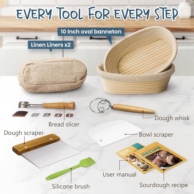 Rorecay Banneton Bread Proofing Baskets Set of 2, 10 Inch Oval Cane Sourdough Bread Rising Basket Bowls with Sourdough Bread Lame Dough Scraper Basting Brush for Sour Dough Proofing Fermentation
