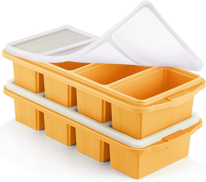 Silicone Freezer Tray With Lid - Silicone Freezer Food Molds- Large Ice Cube Tray,Silicone Freezer Container,Freeze & Store Soup, Sauce, Broth,Leftovers - Makes 4 Perfect 1 Cup