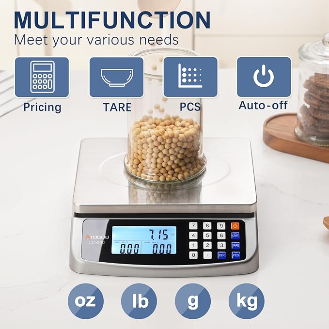 66lb Food Scale, Commercial Kitchen Scale with Price Computing, Plug-in Usable, 0.05oz/1g, 304 Stainless Steel, for Cooking, Vegetables, Farm, Industry, Counting. LC300 Grey