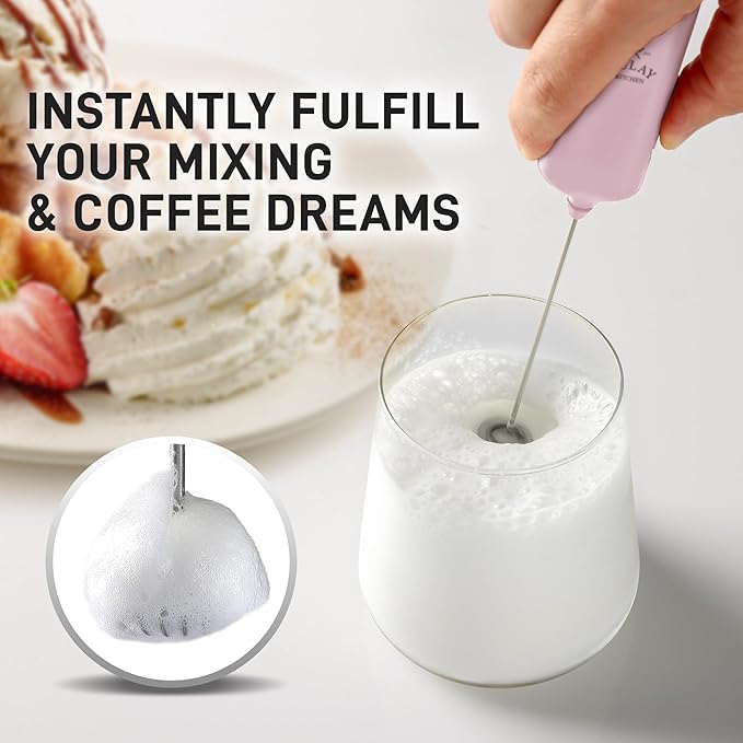 Mini & Mighty Milk Frother Wand – Powerful Handheld Coffee Frother, Battery Operated Drink Mixer – Compact Pocket Size – Detachable Whisk for Latte, Cappuccino, Matcha, Hot Chocolate – Pink