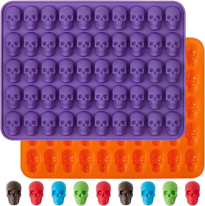 JOERSH Halloween Chocolate Silicone Molds, 2PCS Skull Shaped Candy Mold Non Stick for Chocolate, Fondant, Gummy, Jello, Ice Cubes, Dessert Cake Decorating
