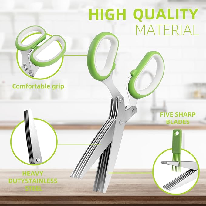 2025 Herb Scissors Set - Classic green 5-Blade Design with Cover and Comb - Skin-Friendly Handle for Comfortable Grip - Dishwasher Safe, Rust-Resistant Stainless Steel for Fresh Herbs