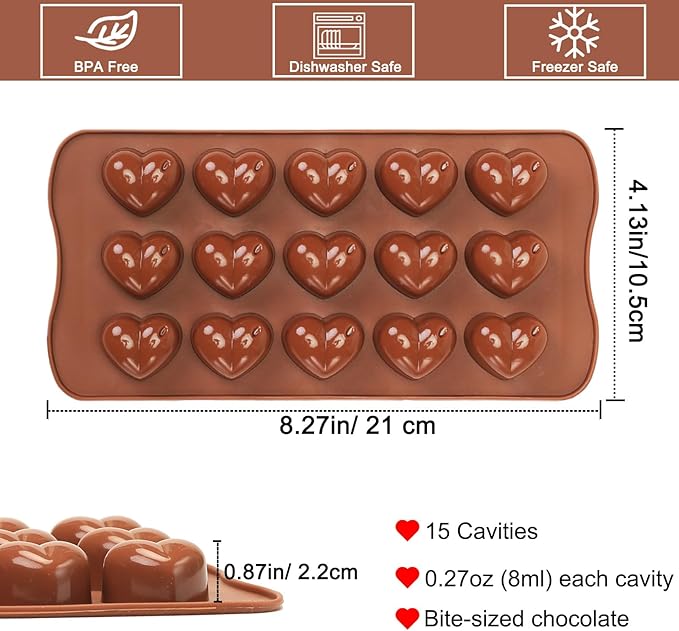 Heart Chocolate Molds Silicone, Small Gummy Molds Shaped Heart for Fondant/Fruit Snacks, Candy Molds Silicone for Valentine/Anniversary/Wedding, Wax Melt Molds 15 Cavities, 8 ml