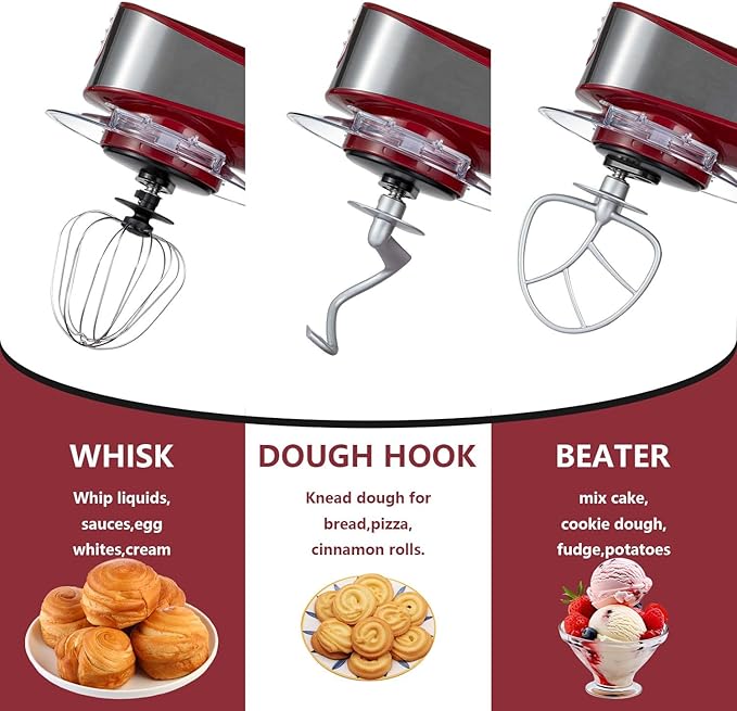 Multifunctional Stand Mixer 6.3Qt 6-Speed Tilt-head, Electric Kitchen Mixer with Stainless Steel Bowl,Meat Grinder, Juice Blender (Red)
