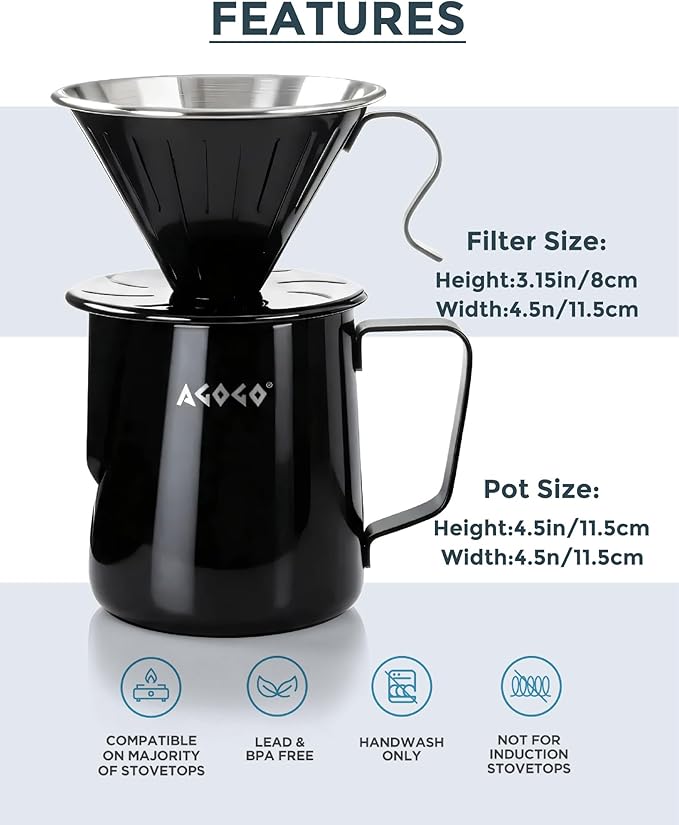 AGOGO Compact Portable Pour Over Coffee Maker Set - Easy Cleaning 304 Stainless Steel Dripper Set for Camping & 50 Filters Paper & Cleaning Rag (Black, 600ml)