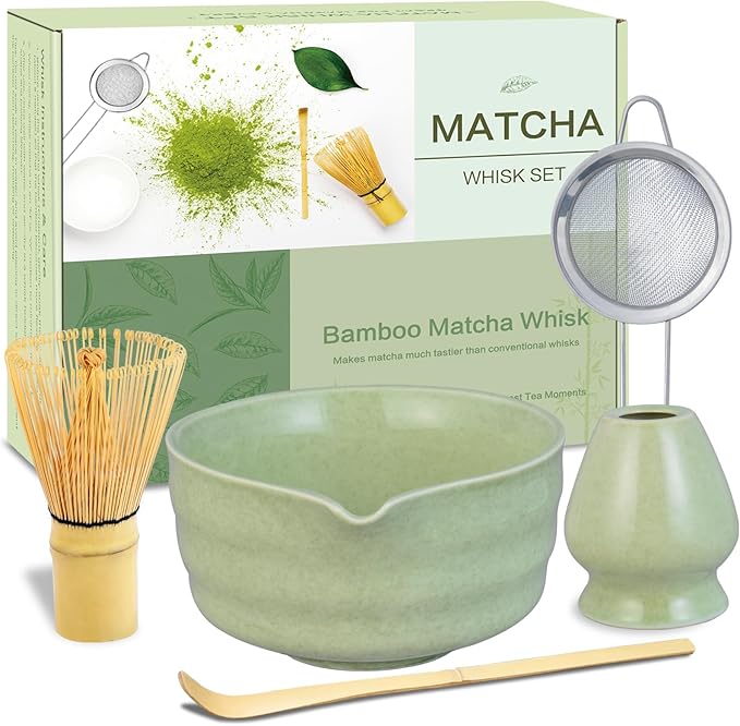 Matcha Whisk Set, Premium Ceramic Bowl with Spout, Bamboo Whisk, Chasen Holder, Sifter, Scoop, Complete Tea Making Kit for Matcha Lovers, Beginner Starter Set for Lump-Free Matcha Green Tea Gift