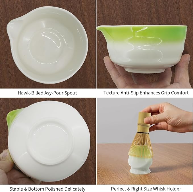 Matcha Whisk Set, 7-Pcs Matcha Set Includes Gradient Ceramic Matcha Bowl and Chasen Holder, Bamboo Whisk, Stainless Sifter, Teaspoon, Tea Towel, Spoon, Matcha Kit for Tea Lovers (Green)