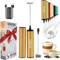 Rechargeable Electric Milk Frother Handheld,2-Speed Travel Frother with Tube Case, Milk Foamer Coffee Frother for Latte, Cappuccino, Drink Mixer with 2 Stainless Whisks and Charger Golden