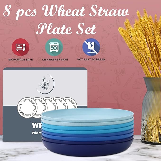 Wrova Wheat Straw Salad Plates - 9 Inch Unbreakable Dinner Set of 8 Dishwasher & Microwave Safe Plastic Reusable Lightweight for kitchen,camping (Ocean),Ocean Series:Gradient Blue