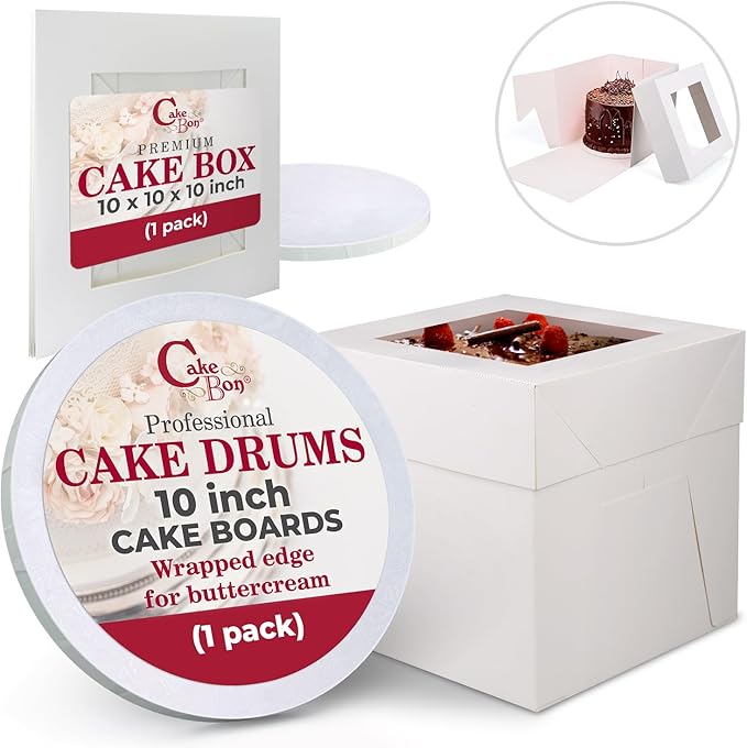 Cakebon Cake Boxes with Boards - 10 Inch Round Cake Drum White (1-pack) - Box With Window for Birthdays, Weddings and Parties
