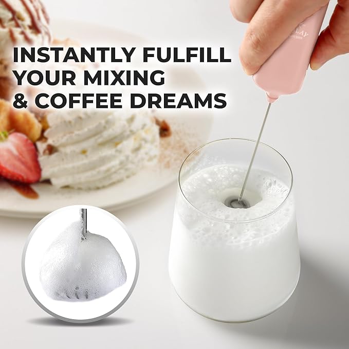 Mini & Mighty Milk Frother Wand – Powerful Handheld Coffee Frother, Battery Operated Drink Mixer – Compact Pocket Size – Detachable Whisk for Latte, Cappuccino, Matcha, Hot Chocolate – Pink Salt
