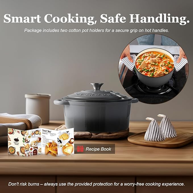 Overmont Enameled Cast Iron Dutch Oven - 5.5QT Pot with Lid Cookbook & Cotton Potholders - Heavy-Duty Cookware for Braising, Stews, Roasting, Bread Baking grey