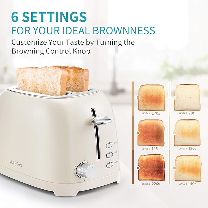 Ultrean Toaster 2 Slice with Extra-Wide Slot for Toasting Bagels, Breads, Waffles & More, Stainless Steel Material with Removable Crumb Tray, 6 Browning Settings