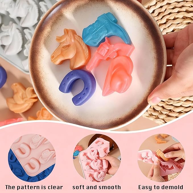 2 Pack Cowboy Chocolate Molds, Western Theme Silicone Mold Baking with Cowboy Hat, Cowboy Boot and Horse, Suitable for Making Chocolate, Candy, Cakes, Cupcakes, And Cookies Soaps (Pink and Blue-2PCS)