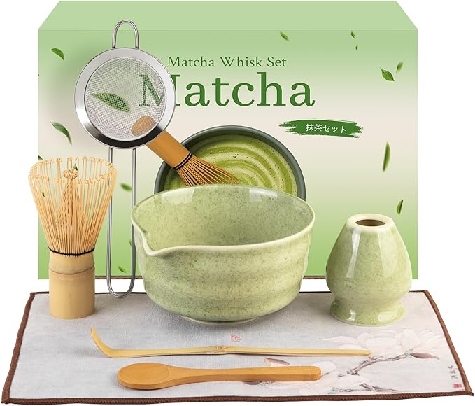 Matcha Whisk Set - Ceramic Matcha Set Includes Matcha Bowl, Whisk and Holder, Bamboo Scoop, Scoop Rest, Sifter and Tea Towel - 7 Pcs Ceremonial Gift Kit for Matcha Lovers (Pure Green)