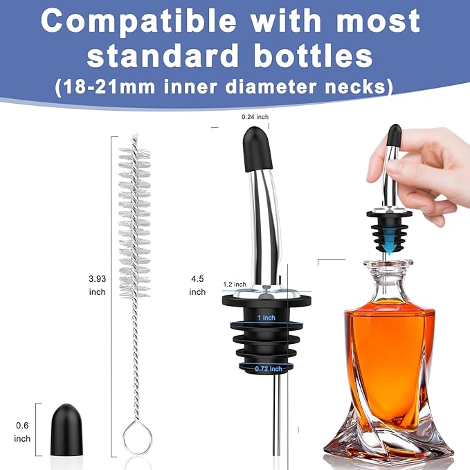96-Pack Stainless Steel Pour Spouts for Liquor Bottles Oil Vinegar and Wine,Liquor Bottle Pourers with Rubber Dust Caps,Bar accessories,Pourers for Bartending