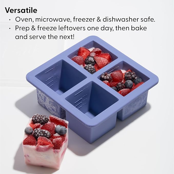 W&P Cup Cubes Silicone Freezer Tray with Lid, Blue, Makes 4 Perfect 1-Cup Portions, Freeze & Store Soup, Broth, Sauce, Leftovers, Dishwasher Safe, 4-Cup