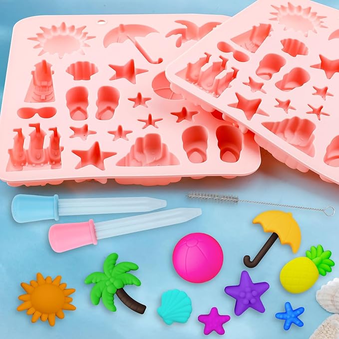 2 Pcs Summer Beach Theme Silicone Molds with 2 Droppers and 1 Brush, Silicone Pineapple Castle Sun Starfish Shell Chocolate Candy Mold for Summer Party Marine Baking Mold