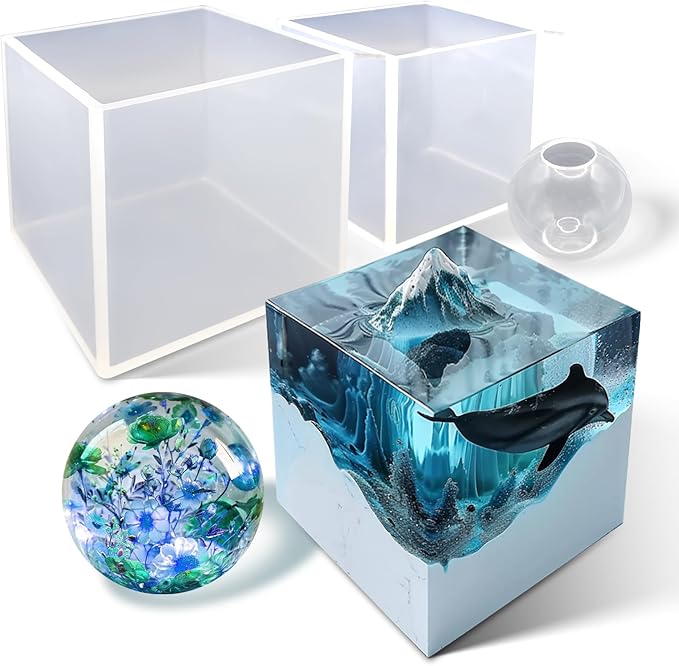 Large Cube Resin Molds-Sphere Silicone Casting Molds for DIY Art Epoxy Resin,Transparent Deep Square Sphere Silicone Molds for Resin Casting