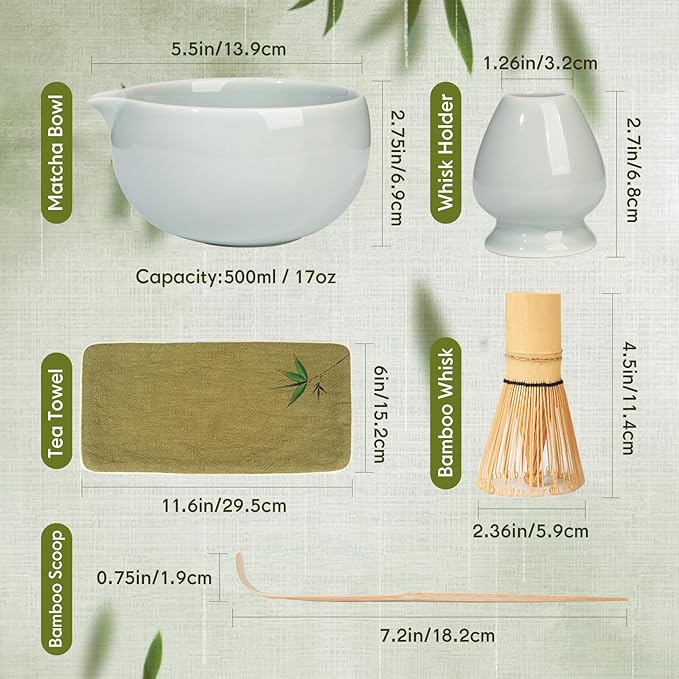 Matcha Whisk Set – Ceramic Matcha Set with Matcha Bowl, Matcha Whisk & Holder, Bamboo Scoop, Tea Towel – 5-Piece Japanese Matcha Kit for Matcha Lovers, Beginners & Gifting (Gray, 17oz)