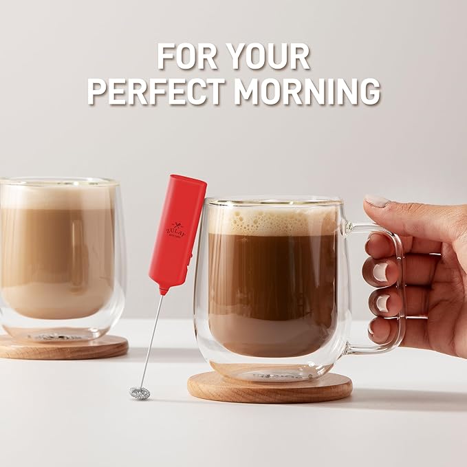 Mini & Mighty Milk Frother Wand – Powerful Handheld Coffee Frother, Battery Operated Drink Mixer – Compact Pocket Size – Detachable Whisk for Latte, Cappuccino, Matcha, Hot Chocolate – Red