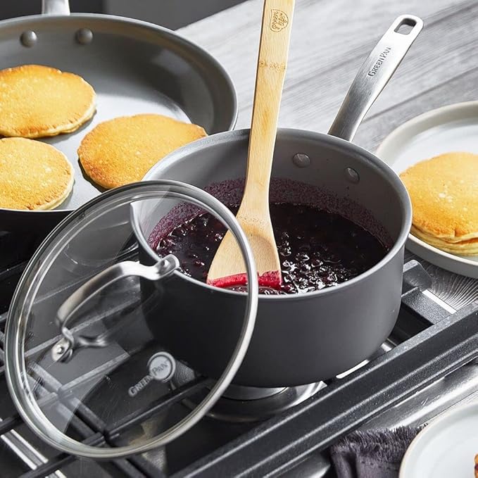 GreenPan Chatham Hard Anodized Healthy Ceramic Nonstick, 3QT Saucepan Pot with Lid, PFAS-Free, Dishwasher Safe, Oven Safe, Gray
