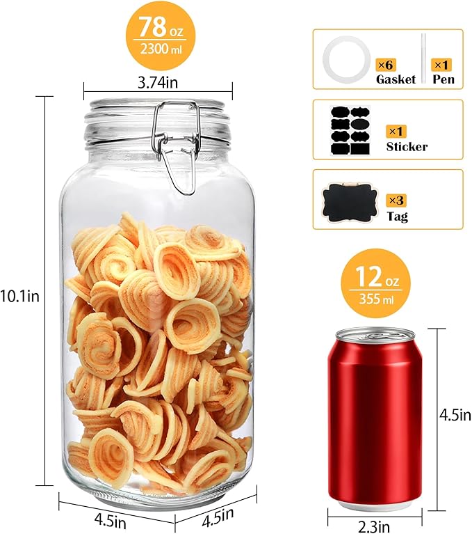 78oz Glass Storage Jars with Airtight Lids Set of 3, Pantry Storage Containers with Lids, Square Large Airtight Glass Jars, Perfect for Kitchen Canning Cereal, Pasta, Flour, Coffee Beans
