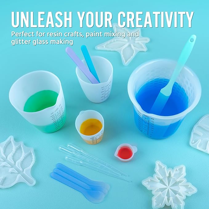 Silicone Resin Mixing 1L Measuring Cup Set for Resin Supplies, Easy-to-Read Marks, 1000ml/32oz Large Cup, 500&250&100ml Thickened Reusable Silicone Cups for Epoxy Mixing, Jewelry Making