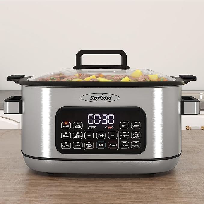 Sunvivi 12-in-1 Multi Slow Cooker Roaster Oven, 6.5QT Sliver Digital Programmable Slow Cooker with Rack, Large Removable Nonstick Crock, Glass Lid, Multicooker with Timer Temp Control, Delay Start