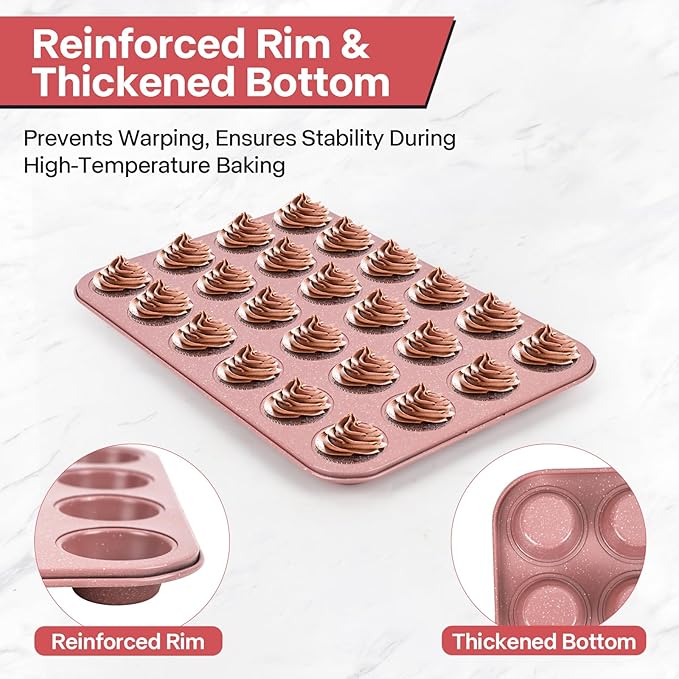 Spmart 2-Pack 24-Cup Nonstick Ceramic-Coated Mini Muffin Pan | Durable & Easy Clean Muffin Tins | Perfect for Small Baked Goods & Party Treats (Pink)